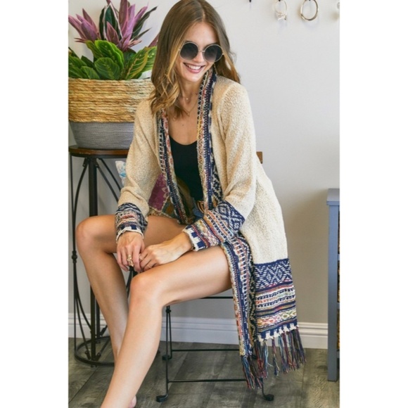 SOLD OUT Ivory Bohemian Tribal Aztec Print Fringe Open Front Cardigan Knit - Picture 2 of 6